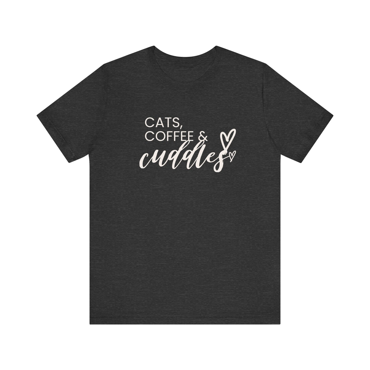 Cats, Coffee, Cuddles Tee Embrace the blissful trifecta of cats, coffee, and cuddles with this delightfully cozy tee. Whether you're curled up on the couch or out and about, this tee lets the world know your priorities - and they're purrfect. Product feat