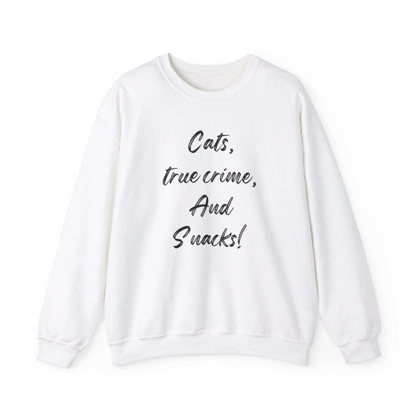 Crewneck Sweatshirt - Cats True Crime and Snacks Design This sweatshirt is perfect for cat lovers who enjoy true crime documentaries and snacks. The cozy fabric blend of cotton and polyester provides warmth during colder months. The classic fit and crew n