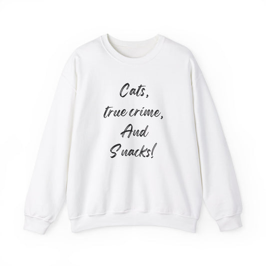 Crewneck Sweatshirt - Cats True Crime and Snacks Design This sweatshirt is perfect for cat lovers who enjoy true crime documentaries and snacks. The cozy fabric blend of cotton and polyester provides warmth during colder months. The classic fit and crew n
