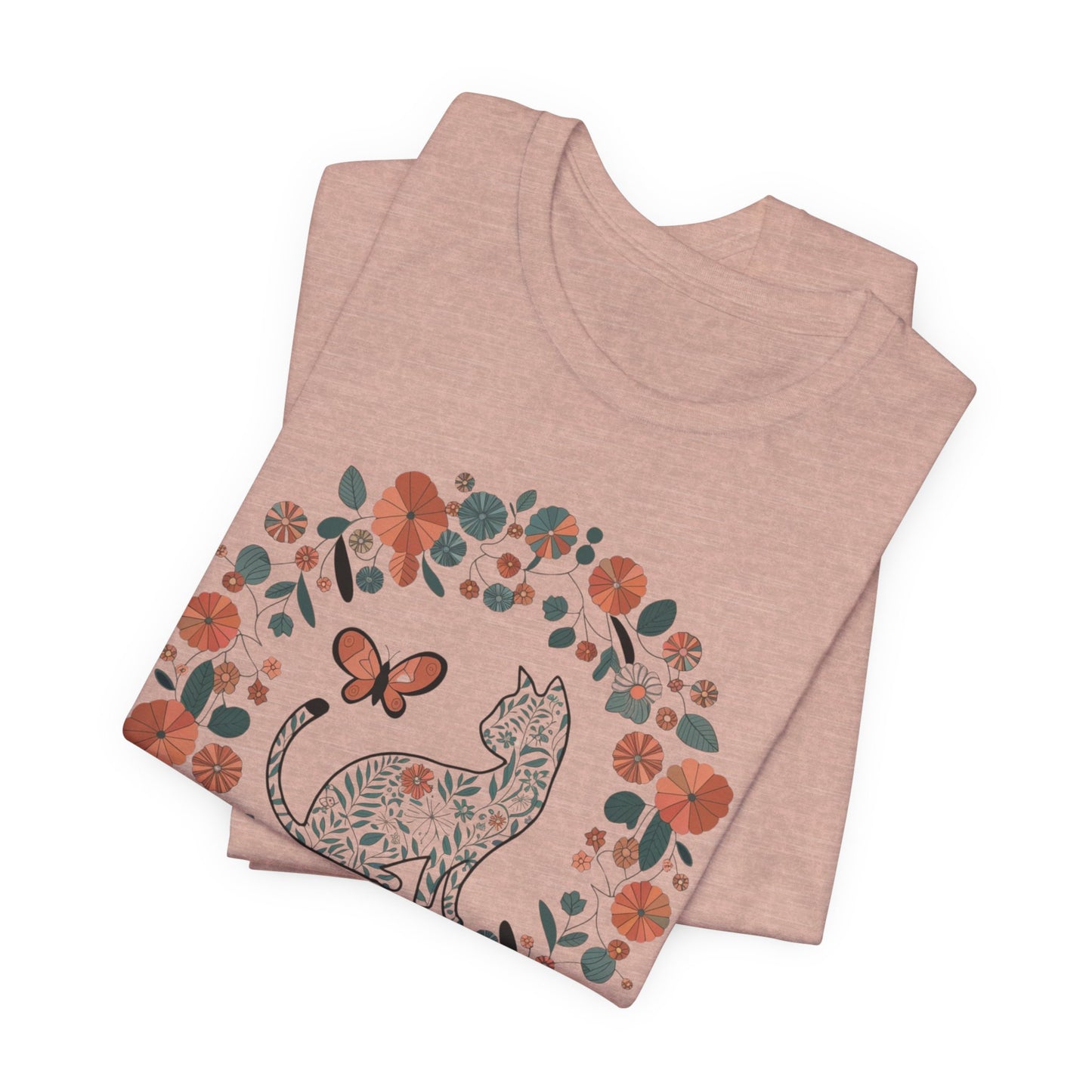 Floral Cat T-shirt with Butterfly This floral cat t-shirt will look great on you for any occassion. Featuring a cat, flowers, and a butterfly, this shirt is sure to catch everyone's eye. The beautiful design will have people asking, "where did you get tha
