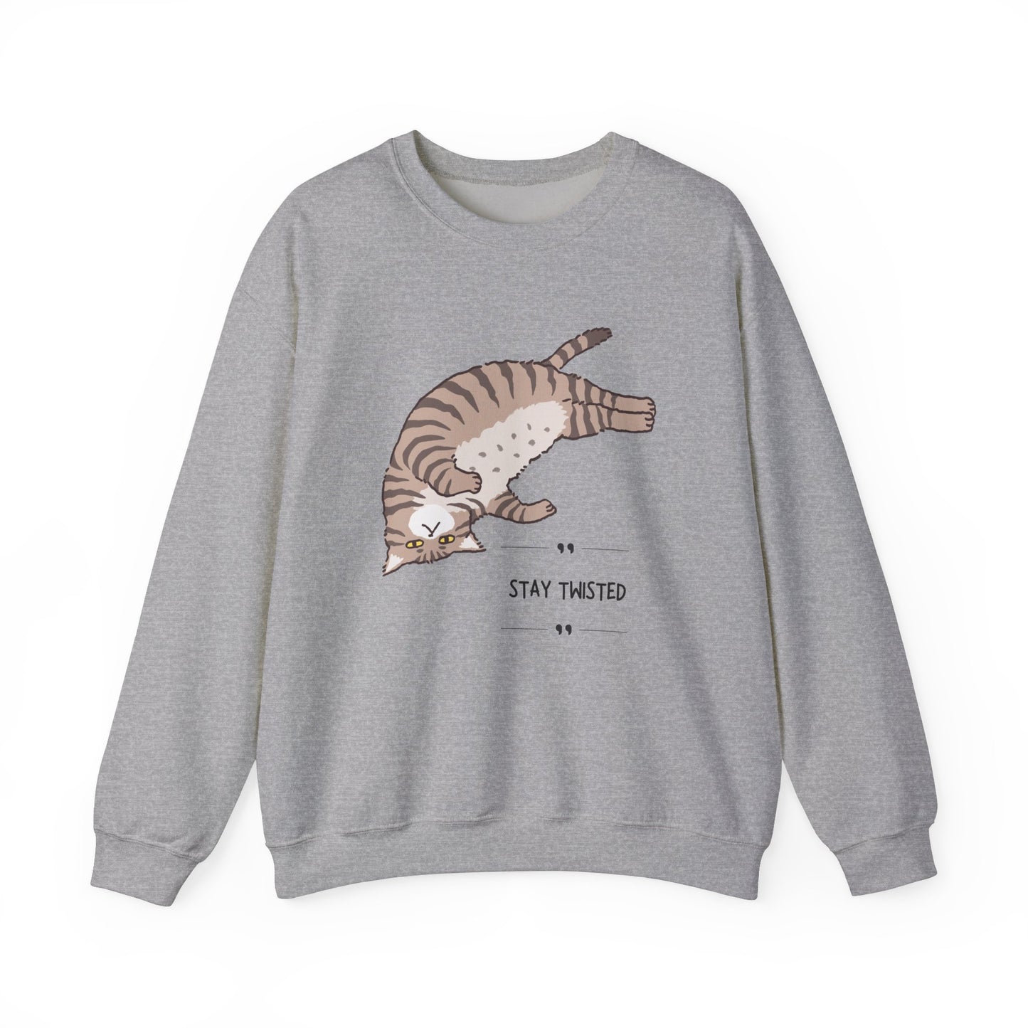 Crewneck Sweatshirt - Stay Twisted Cat Embrace your inner feline with the Stay Twisted Cat Sweatshirt. This playful, eye-catching sweatshirt celebrates your love of cats and all their mischievous antics. Product features- Cozy fabric blend of cotton and p