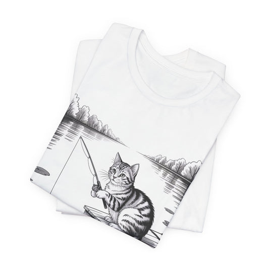 Cat Fishing on the Dock” Graphic Tee – Funny Cat Shirt for Animal Lovers & Fishing Fans