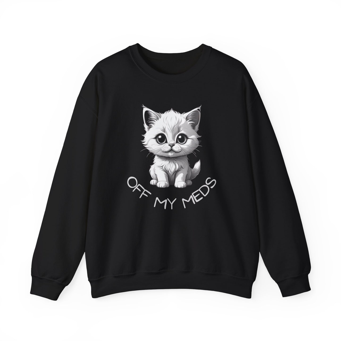 Crewneck Sweatshirt - Off My Meds Cat Humor Off My Meds Cat Crewneck Sweatshirt is a hilarious addition to your wardrobe. Great for any cat lover and humor appreciator! Product features- Cozy fabric blend of cotton and polyester- Classic fit with crew nec