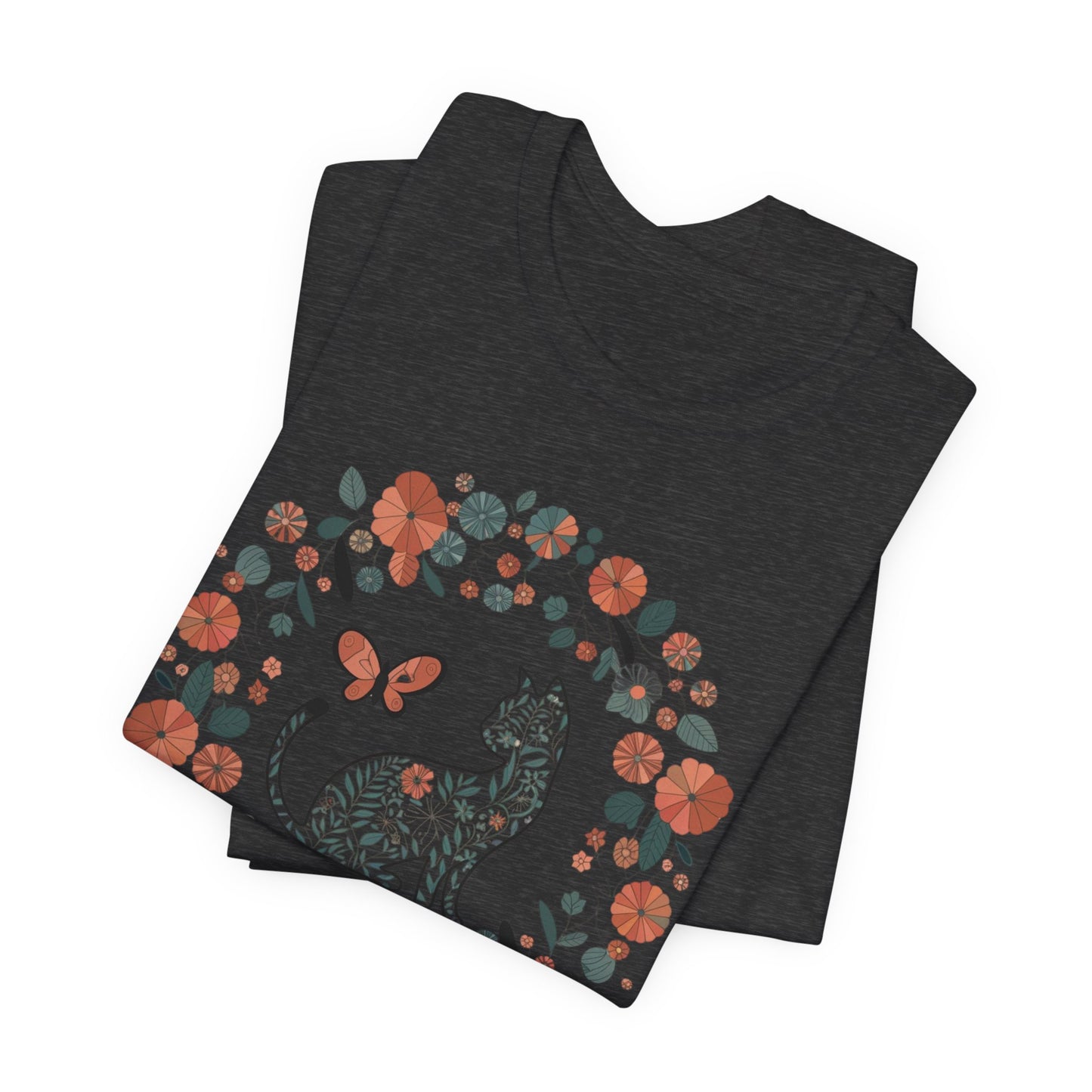Floral Cat T-shirt with Butterfly This floral cat t-shirt will look great on you for any occassion. Featuring a cat, flowers, and a butterfly, this shirt is sure to catch everyone's eye. The beautiful design will have people asking, "where did you get tha