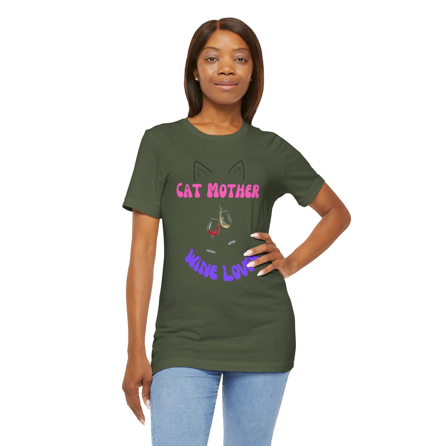 Cat Mother Wine Lover Tee This Cat Mother wine lover T-Shirt exudes a cozy and relaxed vibe, perfect for lounging or casual outings. It is ideal for those who love cats and enjoy a good glass of wine. A great gift for cat moms and wine enthusiasts.Product