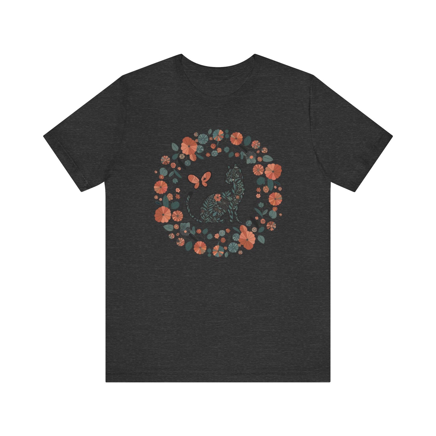 Floral Cat T-shirt with Butterfly This floral cat t-shirt will look great on you for any occassion. Featuring a cat, flowers, and a butterfly, this shirt is sure to catch everyone's eye. The beautiful design will have people asking, "where did you get tha
