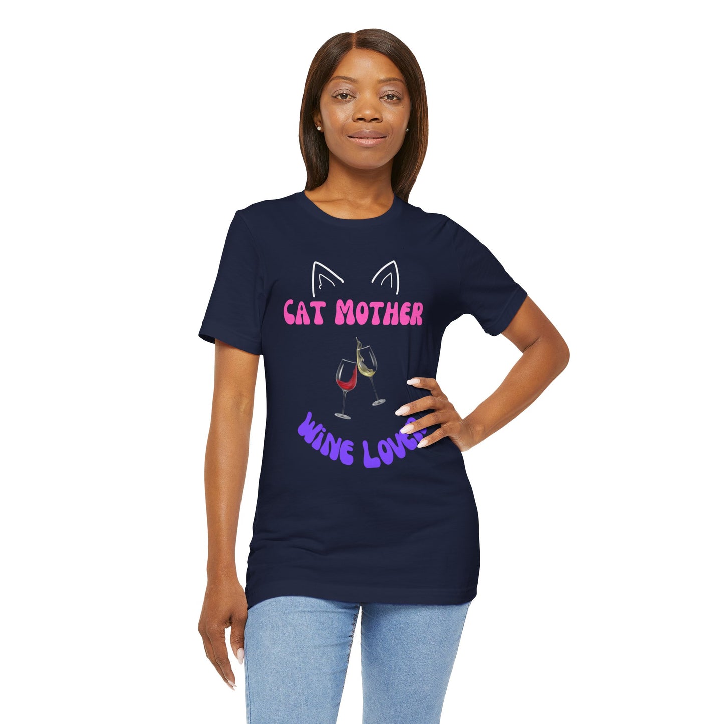 Cat Mother Wine Lover Tee This Cat Mother wine lover T-Shirt exudes a cozy and relaxed vibe, perfect for lounging or casual outings. It is ideal for those who love cats and enjoy a good glass of wine. A great gift for cat moms and wine enthusiasts.Product