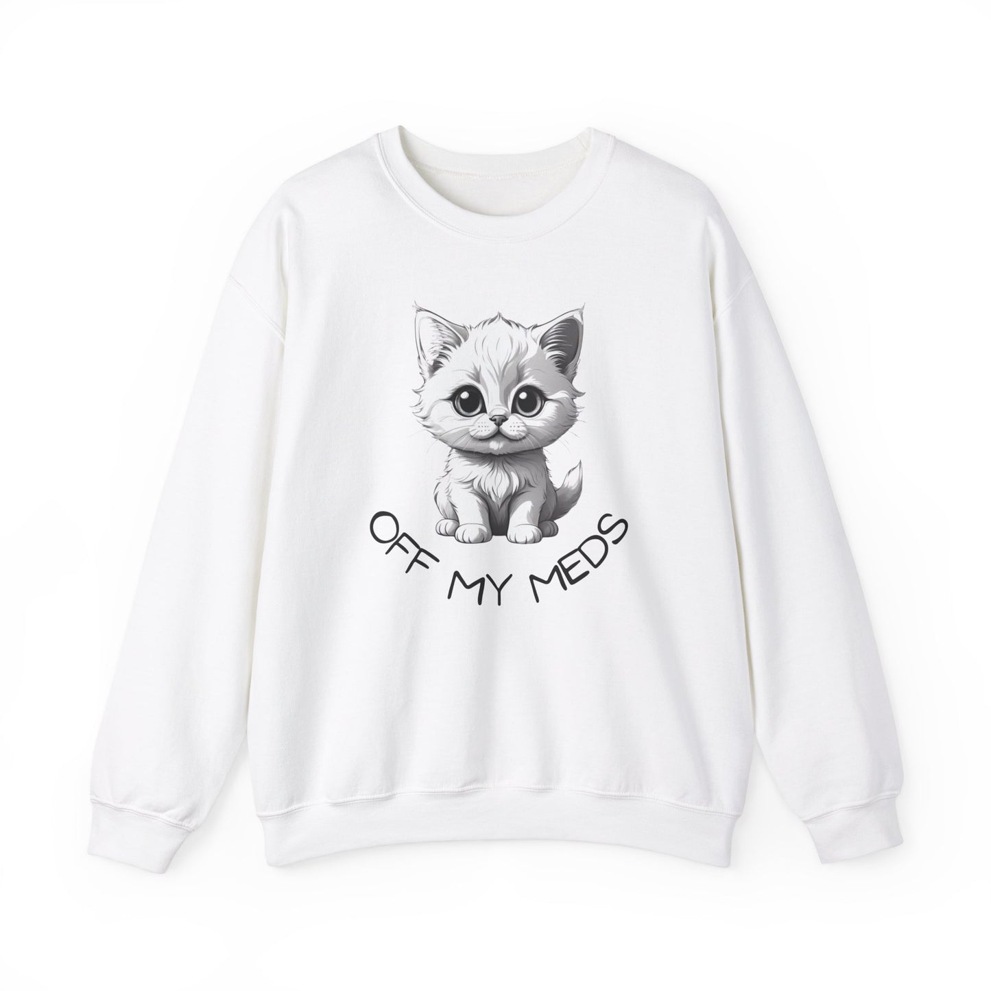 Crewneck Sweatshirt - Off My Meds Cat Humor Off My Meds Cat Crewneck Sweatshirt is a hilarious addition to your wardrobe. Great for any cat lover and humor appreciator! Product features- Cozy fabric blend of cotton and polyester- Classic fit with crew nec