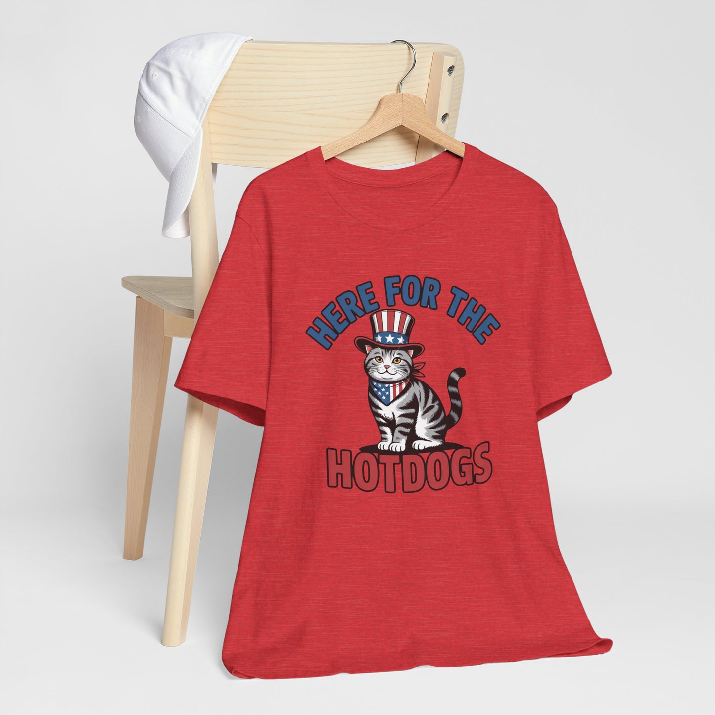 Patriotic Cat T-Shirt - "Here For The Hotdogs" Funny 4th of July Shirt