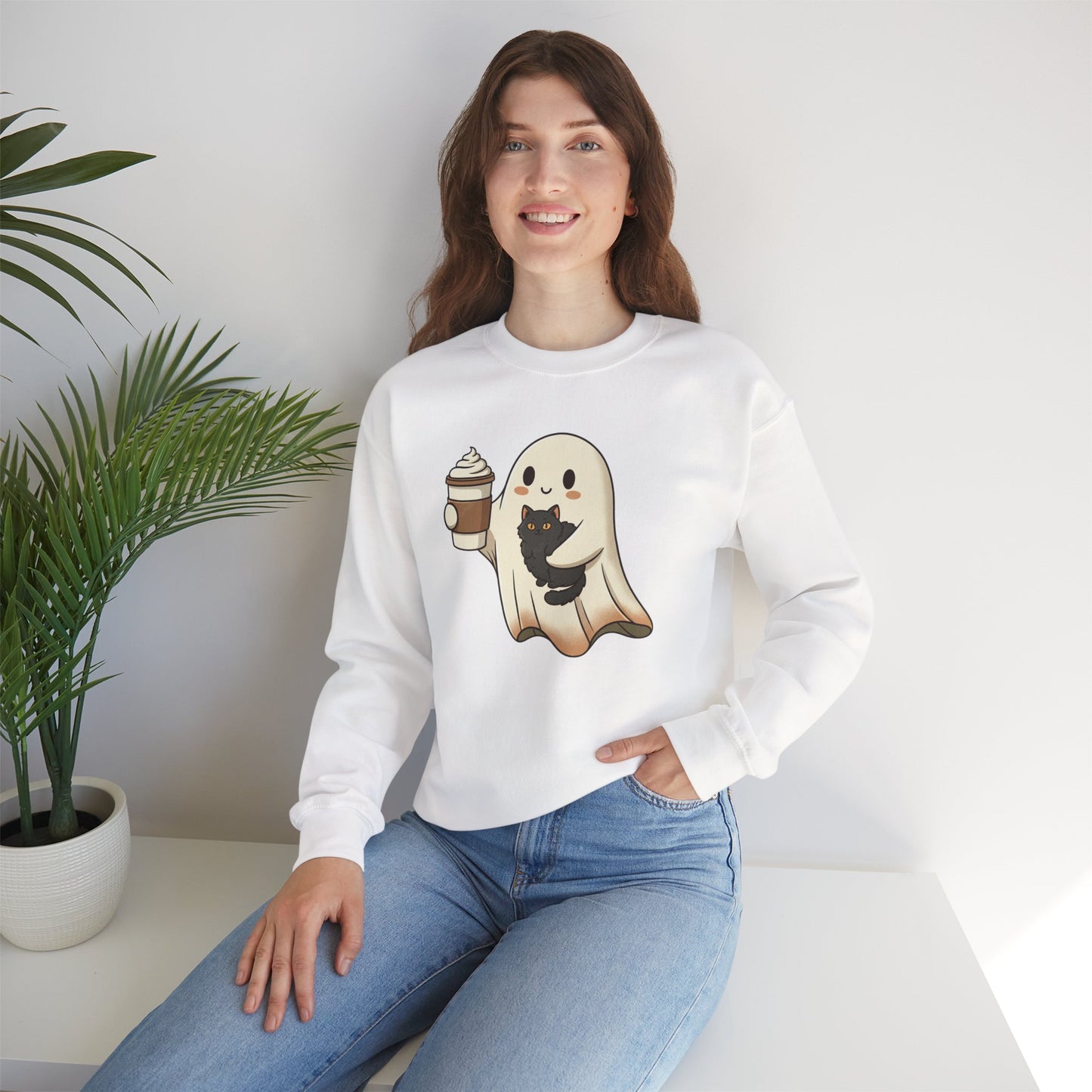 Ghost with Black Cat & Coffee Sweatshirt – Cute Halloween Crewneck, Spooky Season Fall Sweatshirt for Cat Lovers