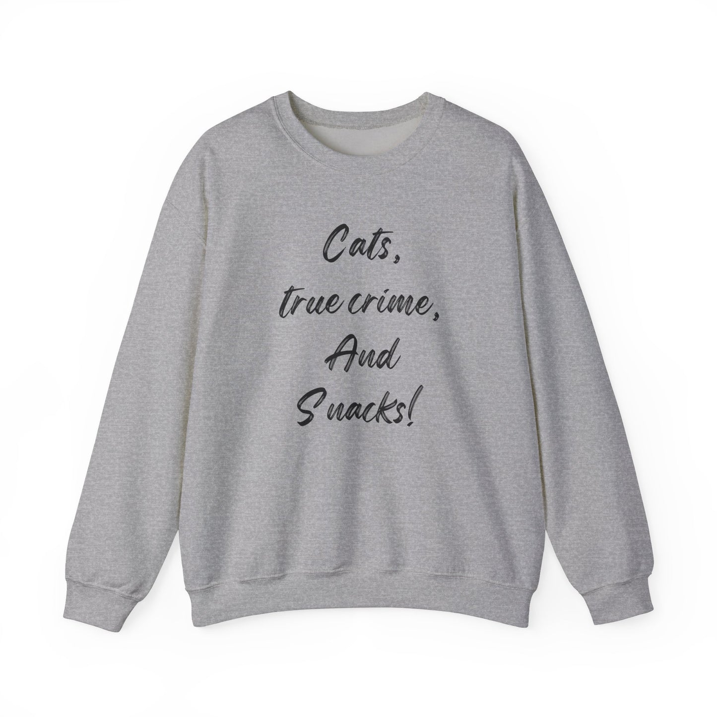 Crewneck Sweatshirt - Cats True Crime and Snacks Design This sweatshirt is perfect for cat lovers who enjoy true crime documentaries and snacks. The cozy fabric blend of cotton and polyester provides warmth during colder months. The classic fit and crew n