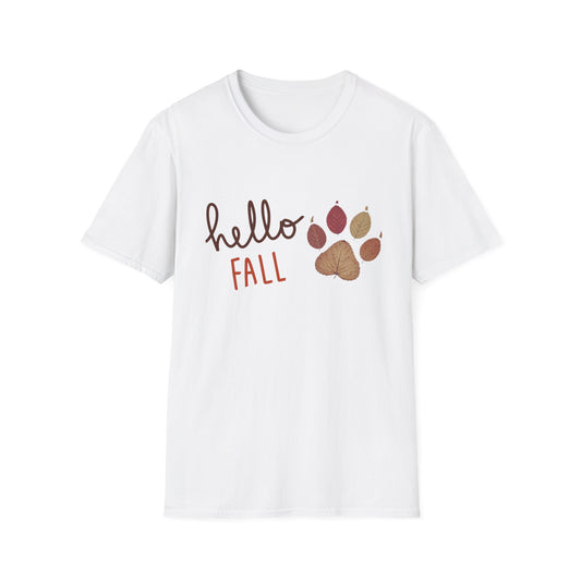Hello Fall Paw Print T-Shirt – Autumn Graphic Tee for Dog & Cat Lovers, Pumpkin Spice Season Shirt