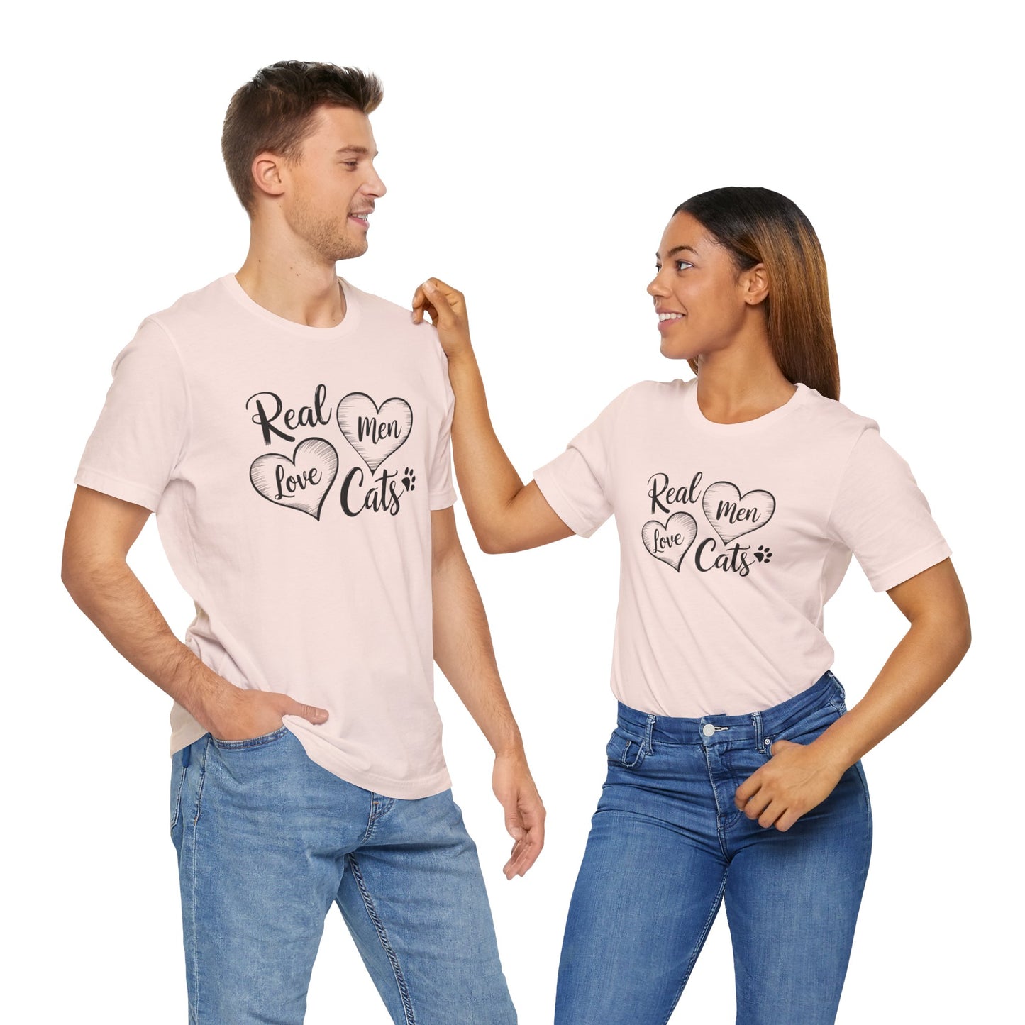 Real Men Love Cats Valentine's Day Tee A fun and playful T-Shirt design that showcases the love for cats. Real Men Love Cats makes a bold statement and comes in a nice comfy tee! Product features- Unisex jersey short sleeve tee- Made with 100% lightweight