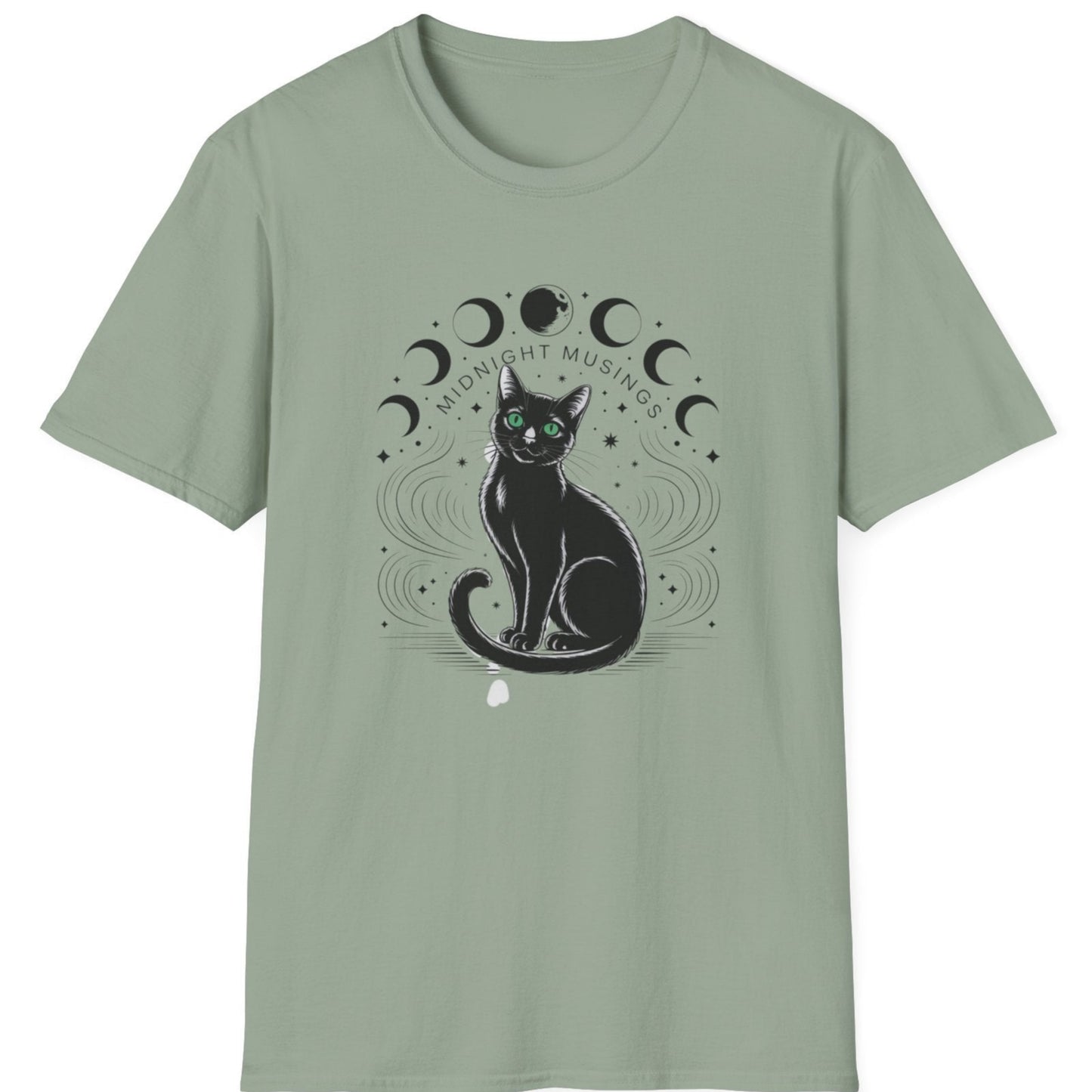 t-shirt with a black cat and moon phases design with the words moonight musings