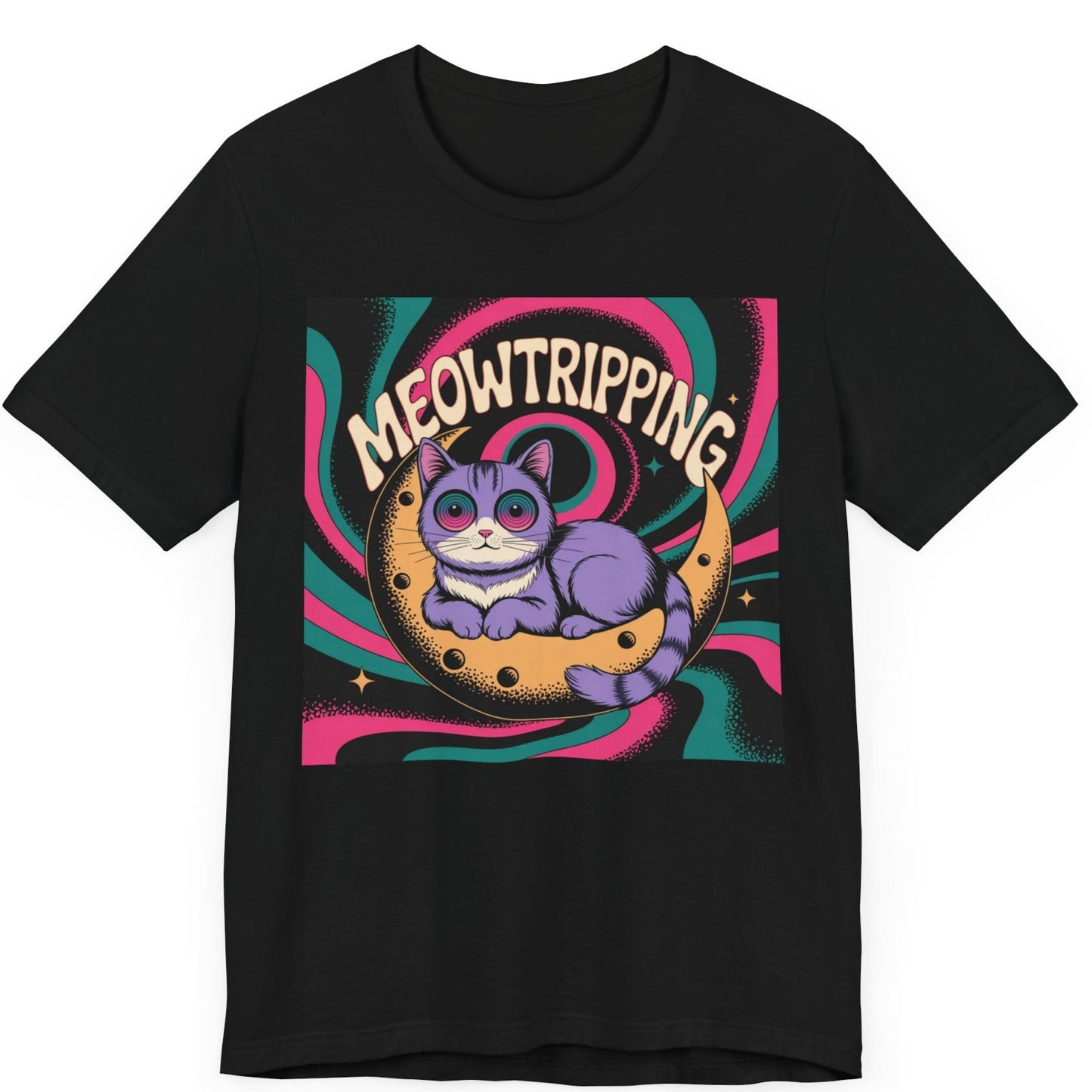 Psycheelic cat tshirt featuring a cat with mesmerizinf eyes sitting on a crescent moon with vivid colors and the word Meowtriping