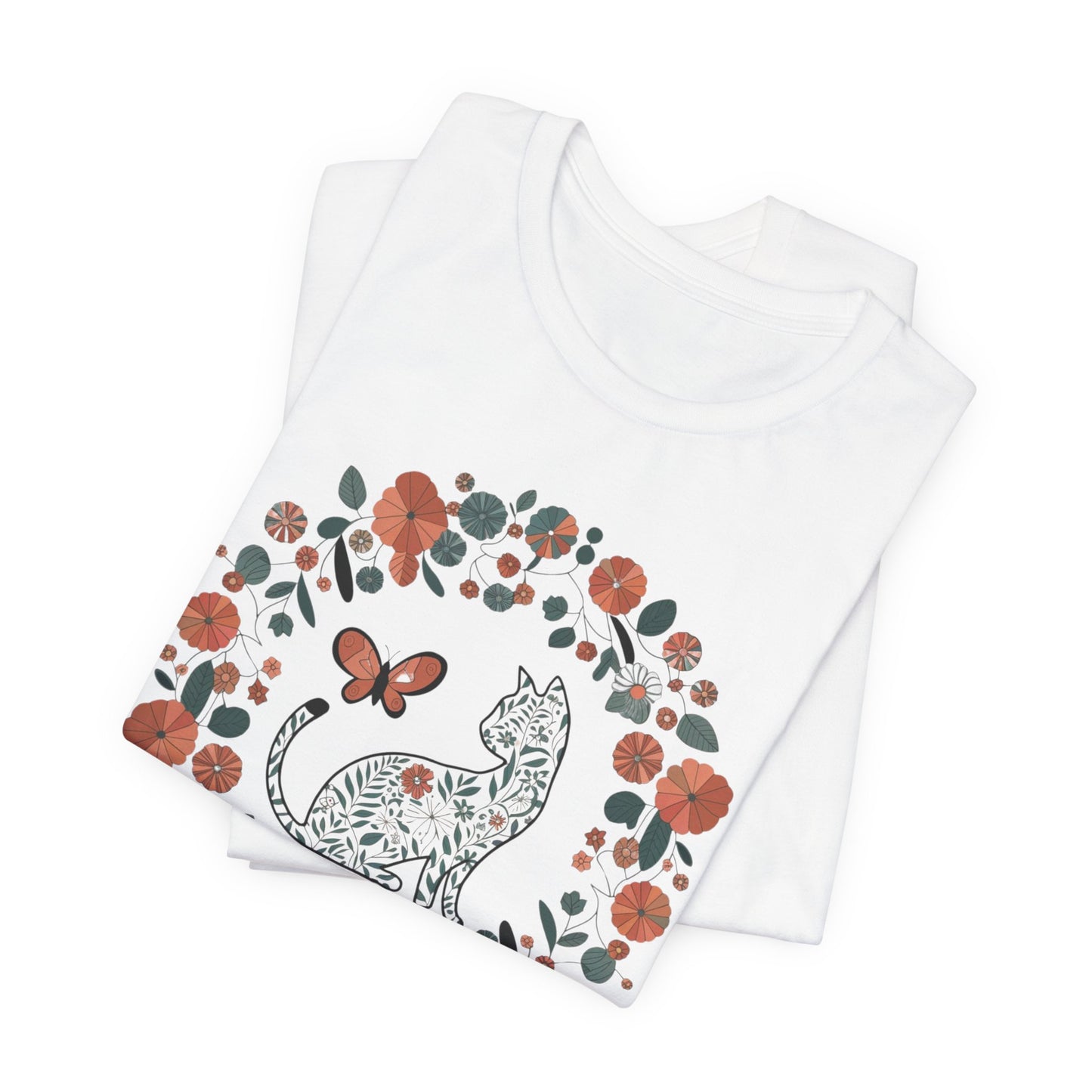 Floral Cat T-shirt with Butterfly This floral cat t-shirt will look great on you for any occassion. Featuring a cat, flowers, and a butterfly, this shirt is sure to catch everyone's eye. The beautiful design will have people asking, "where did you get tha