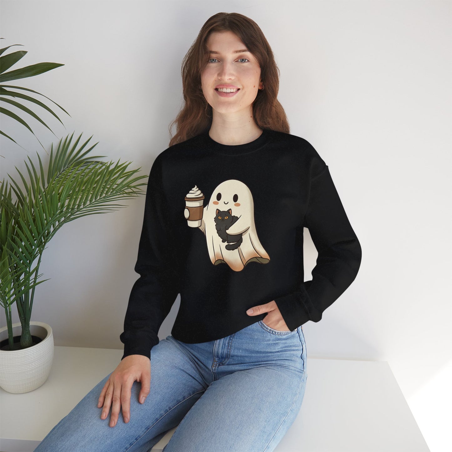 Ghost with Black Cat & Coffee Sweatshirt – Cute Halloween Crewneck, Spooky Season Fall Sweatshirt for Cat Lovers