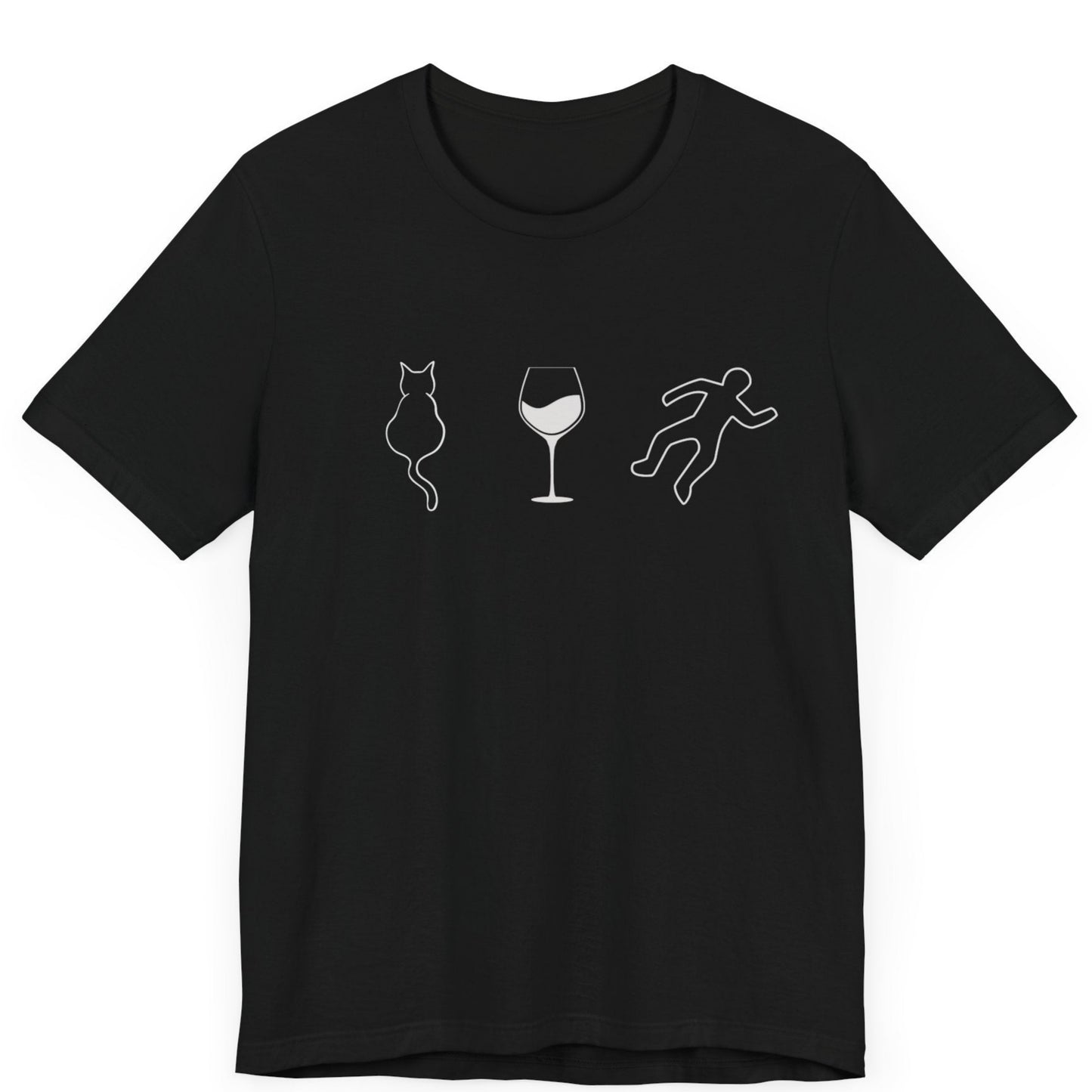 Tshirt with a minimalistic graphic of a cat, a glass of wine, and a body outline. For lovers of cats, wine, and true crime!