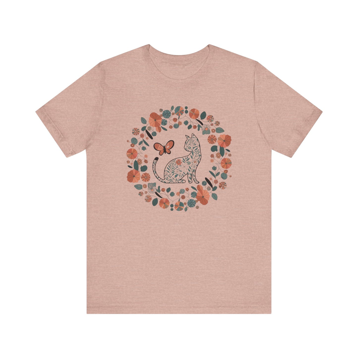 Floral Cat T-shirt with Butterfly This floral cat t-shirt will look great on you for any occassion. Featuring a cat, flowers, and a butterfly, this shirt is sure to catch everyone's eye. The beautiful design will have people asking, "where did you get tha