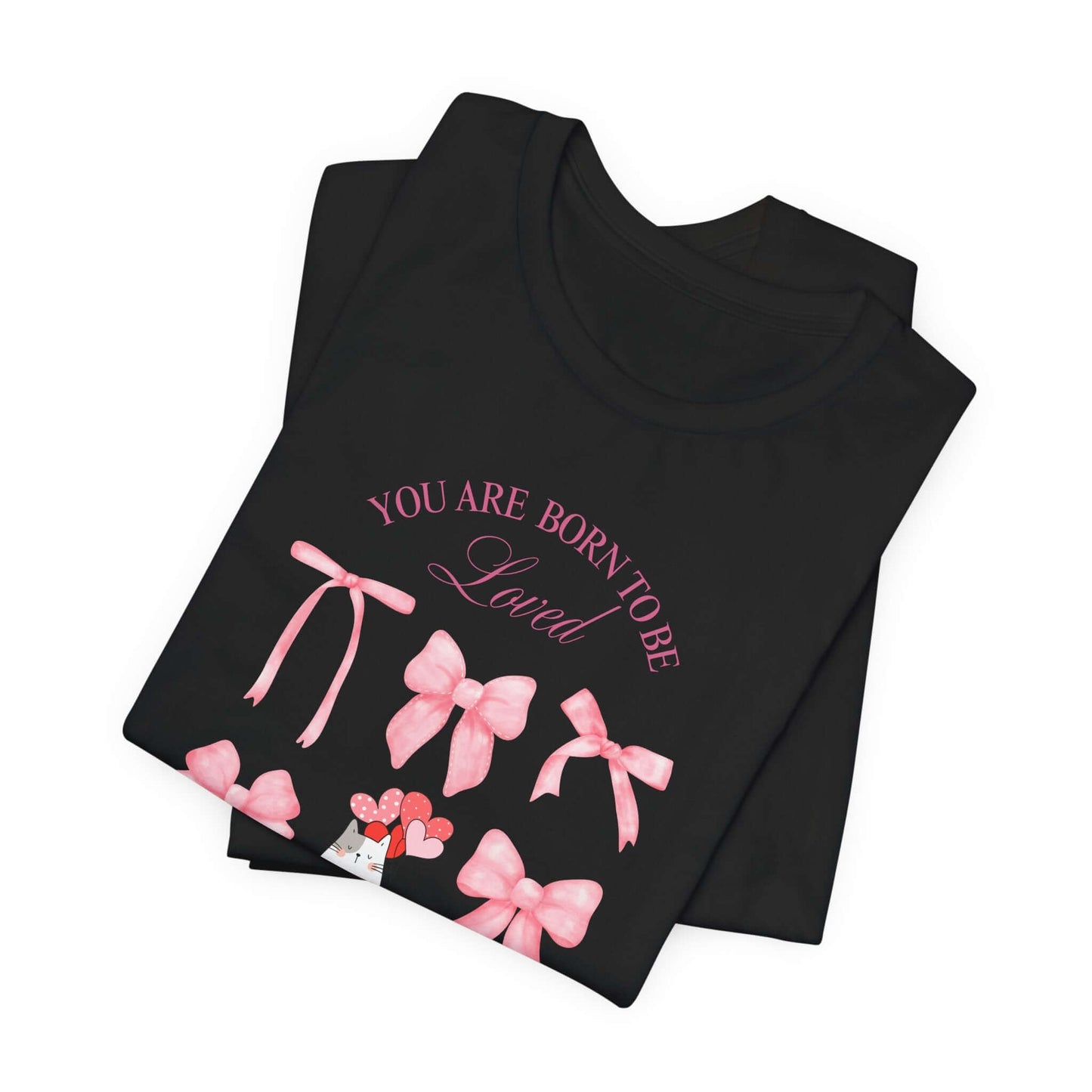 You Are Born To Be Loved Coquette Cat Tee This coquette cat valentines tee radiates a cute and playful vibe, perfect for those who are born to be loved. Product features- Unisex jersey short sleeve tee- Made with 100% lightweight cotton for breathability