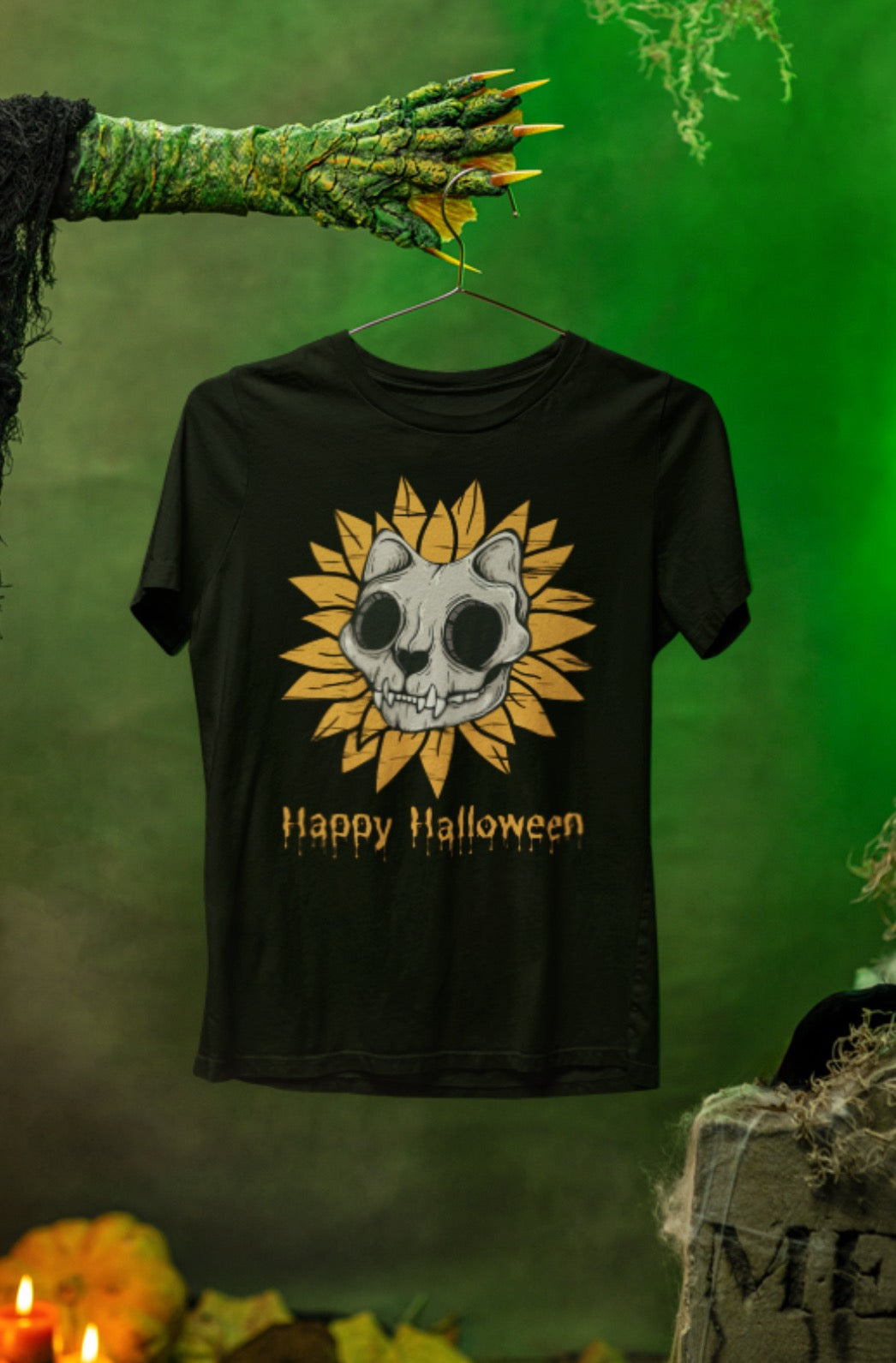 Halloween Cat Skull Flower Tee
