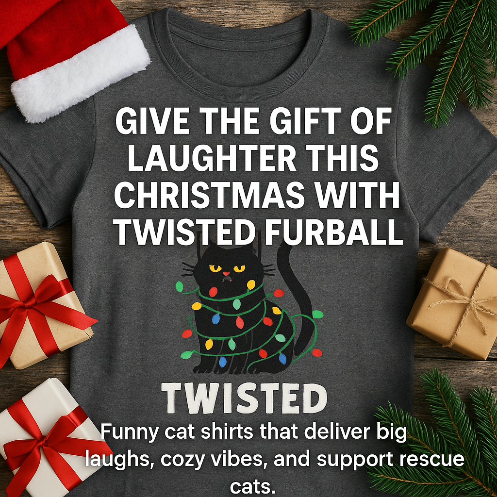 Festive promotional flat-lay featuring a Twisted Furball Christmas cat shirt with a black cat wrapped in colorful holiday lights, surrounded by gift boxes, Santa hat, and pine branches. Promotes funny cat Christmas shirts and holiday gifts for cat lovers.