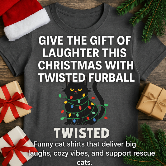 Festive promotional flat-lay featuring a Twisted Furball Christmas cat shirt with a black cat wrapped in colorful holiday lights, surrounded by gift boxes, Santa hat, and pine branches. Promotes funny cat Christmas shirts and holiday gifts for cat lovers.