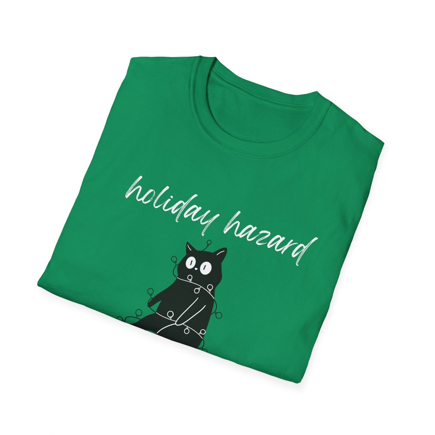 Holiday Hazard Black Cat Christmas T-Shirt | Funny Feline Lights Graphic Tee