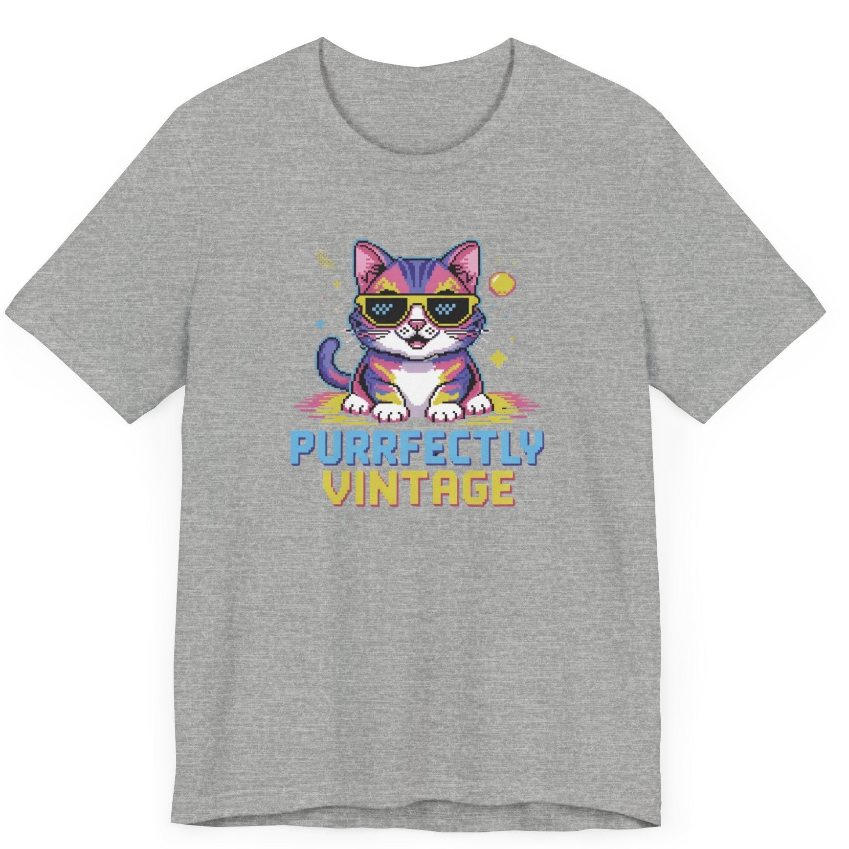 80's - 90's retro cat tshirt featuring  pixelated cat with sunglasses and the words purrfectly vintage