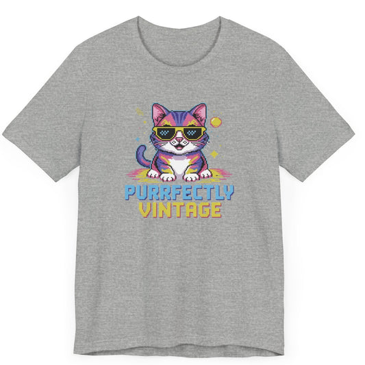 80's - 90's retro cat tshirt featuring  pixelated cat with sunglasses and the words purrfectly vintage