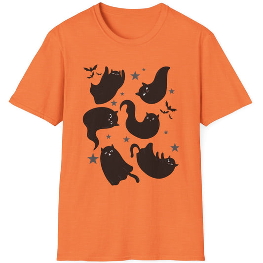 Orange t-shirt with black cat illustrations