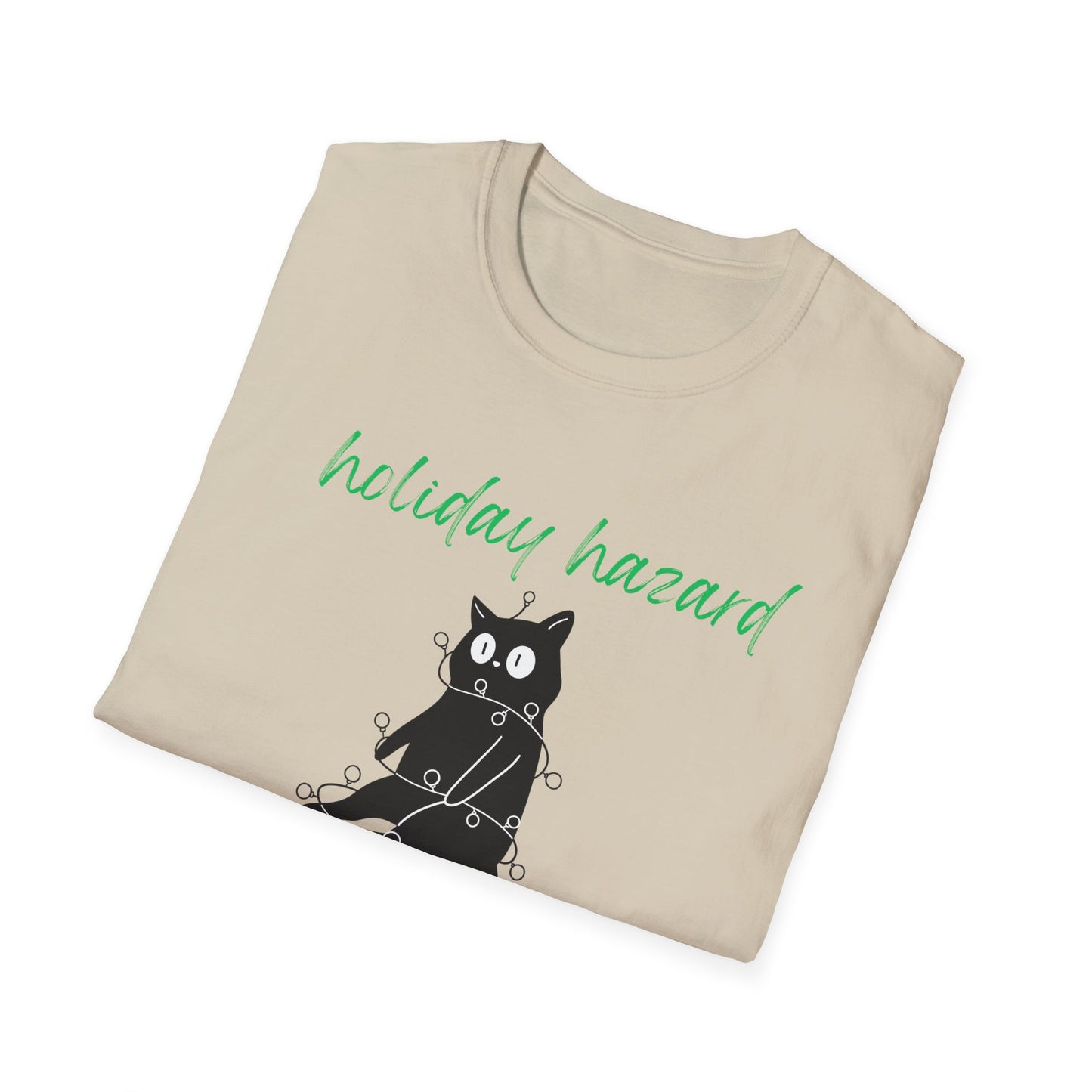 Holiday Hazard Black Cat Christmas T-Shirt | Funny Feline Lights Graphic Tee