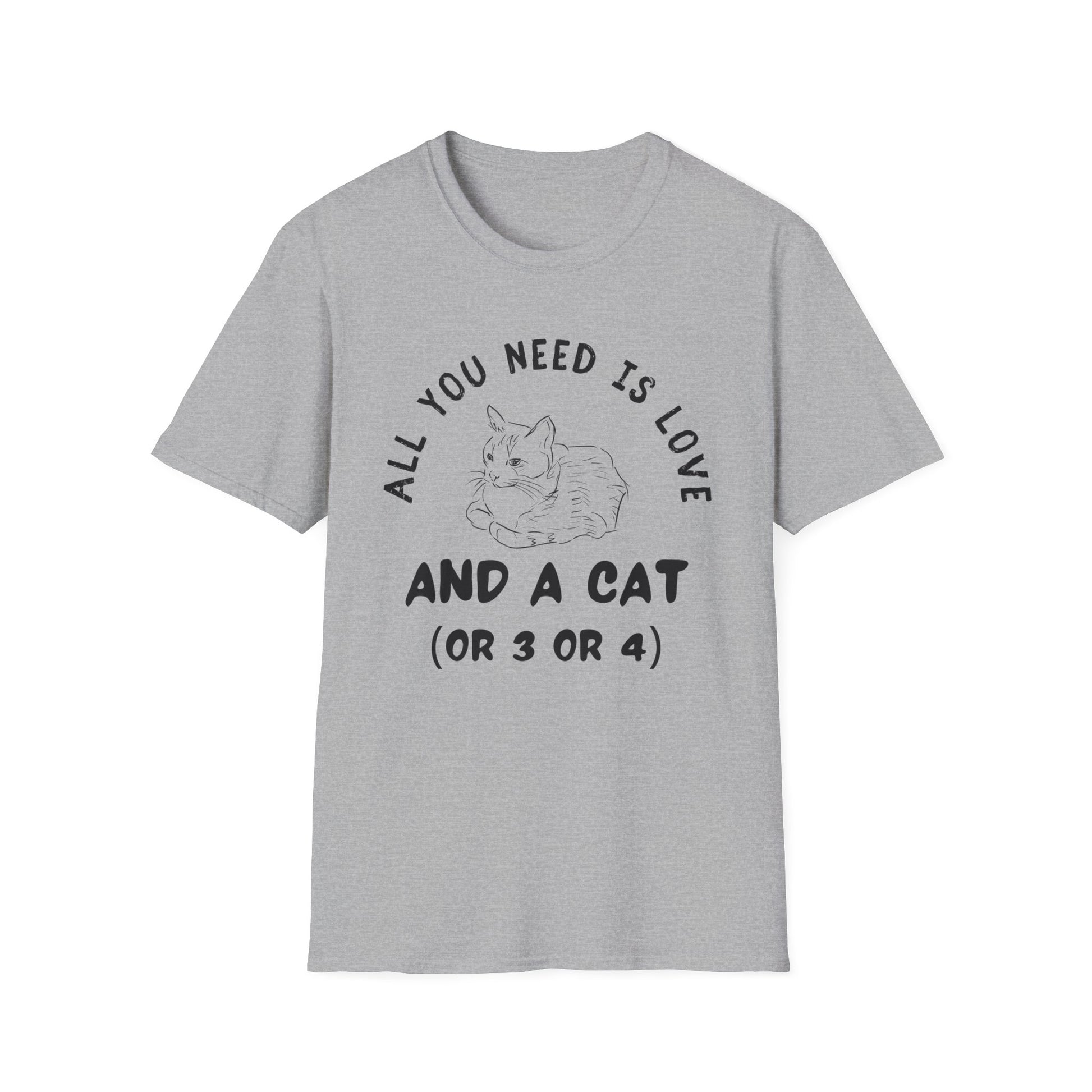 All You Need Is Love and a Cat T-Shirt by Twisted Furball with cute feline design for cat lovers.