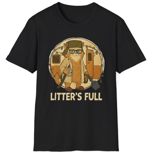 Playful take on National Lampoons Tshirt featuring a ca with a shovel and hose and can of beer outside a trailer with the words litters full