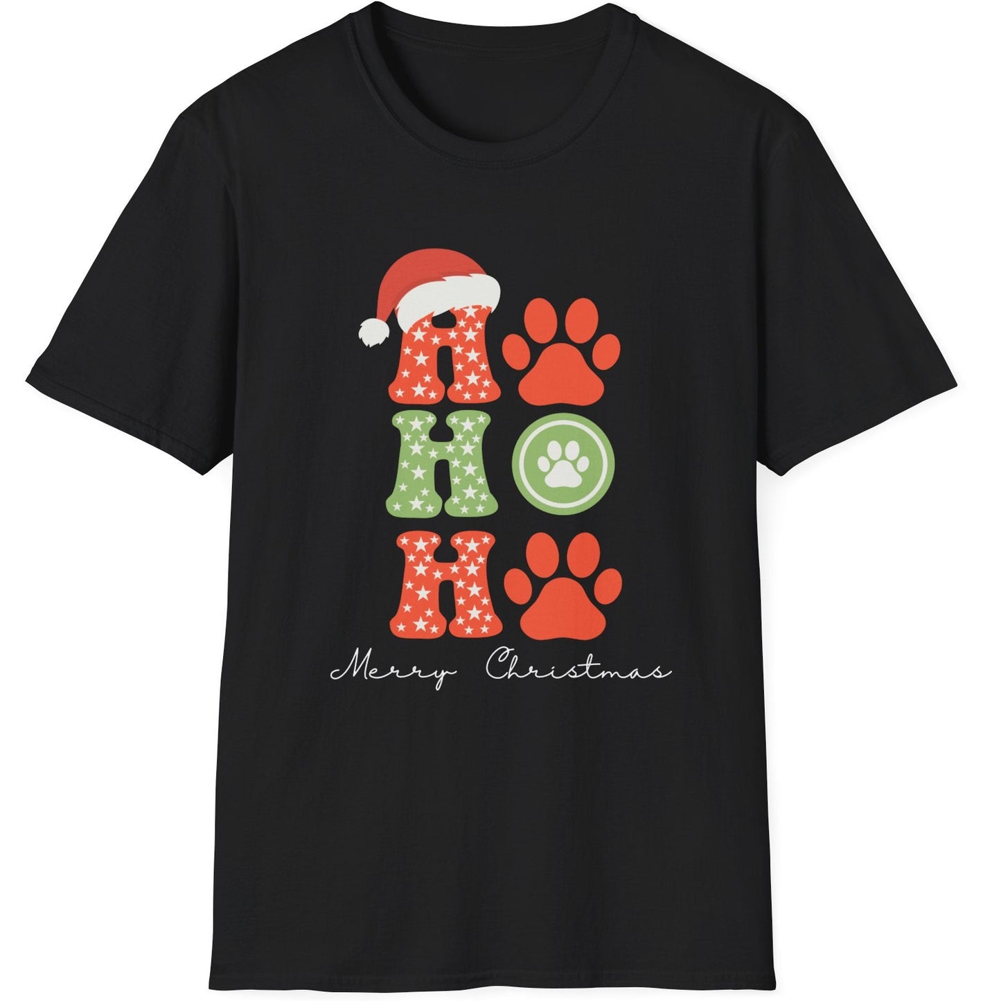 Black t-shirt with Christmas-themed design featuring red and green colors  with the words ho ho ho merry christmas