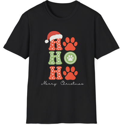 Black t-shirt with Christmas-themed design featuring red and green colors  with the words ho ho ho merry christmas