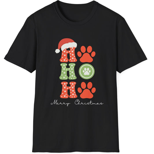 Black t-shirt with Christmas-themed design featuring red and green colors  with the words ho ho ho merry christmas
