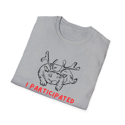 I Participated Cat Christmas T-Shirt | Funny Lazy Cat Reindeer Holiday Tee