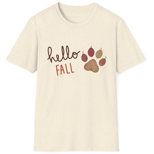Beige t-shirt with 'hello fall' and paw print design