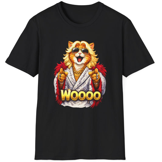 Ric Flair cat parody shirt featuring a cat in sunglasses and feathered robe with WOOOO text