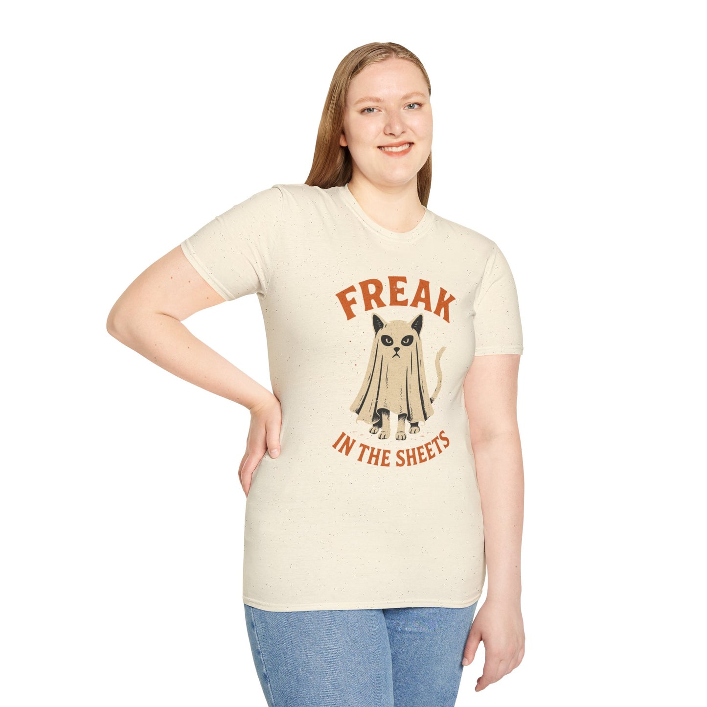 Freak in the Sheets Cat Halloween T-Shirt – Funny Ghost Cat Graphic Tee