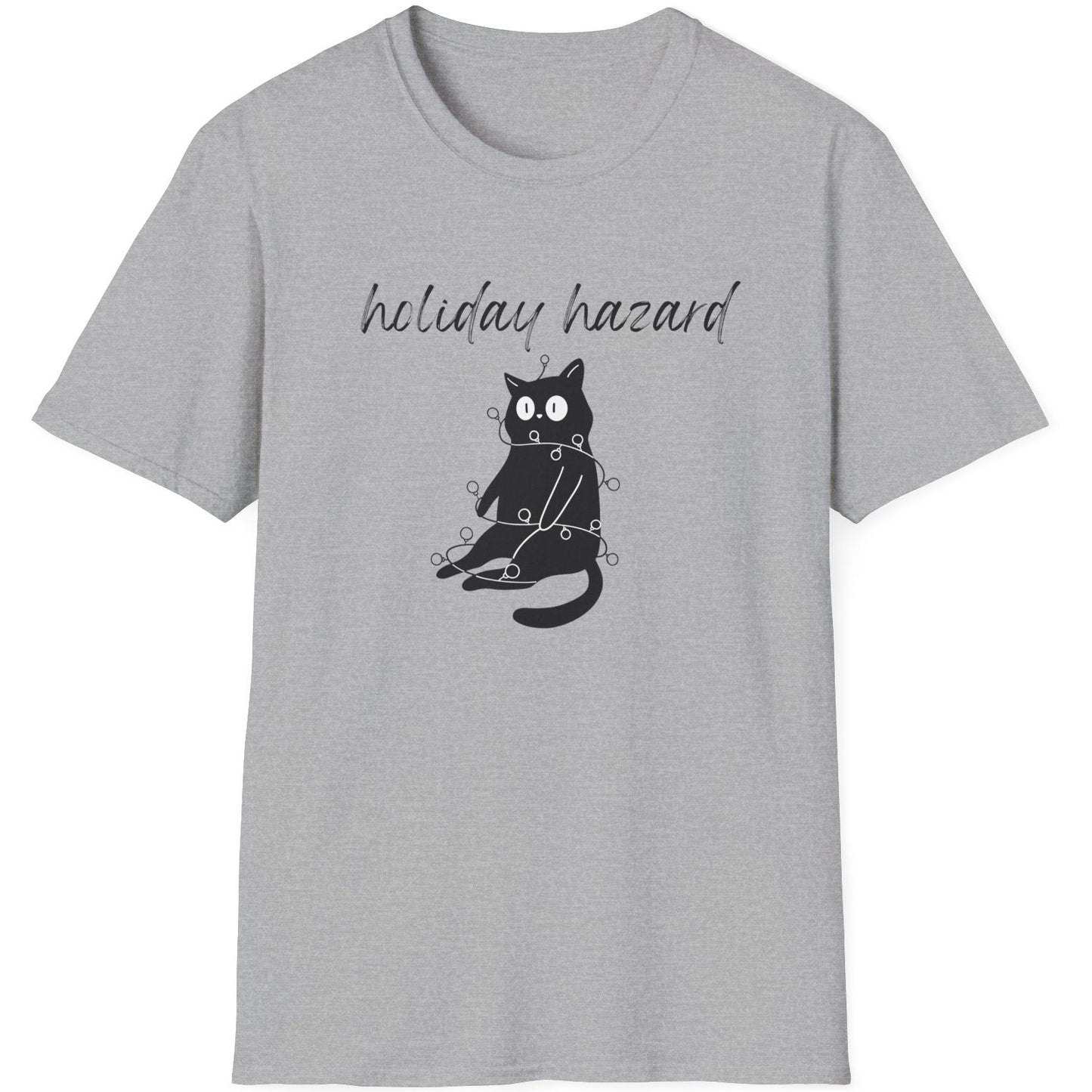 Gray t-shirt with a black cat graphic and 'holiday hazard' text