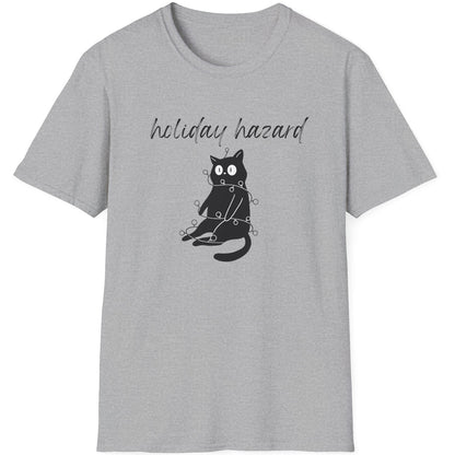 Gray t-shirt with a black cat graphic and 'holiday hazard' text
