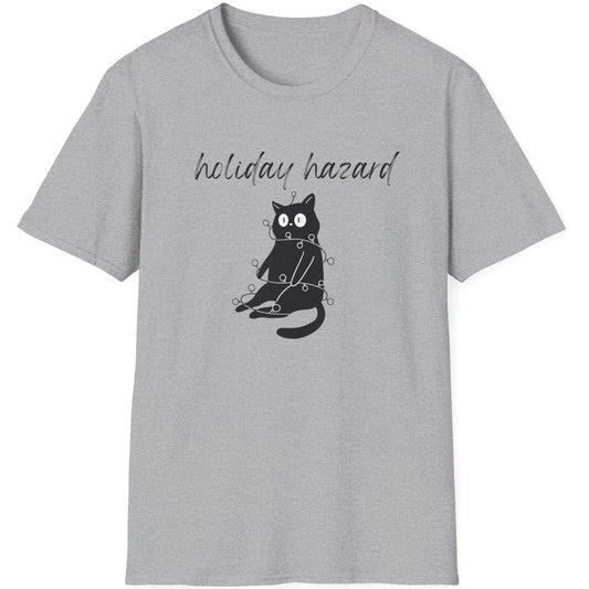 Gray t-shirt with a black cat graphic and 'holiday hazard' text