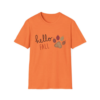 Hello Fall Paw Print T-Shirt – Autumn Graphic Tee for Dog & Cat Lovers, Pumpkin Spice Season Shirt