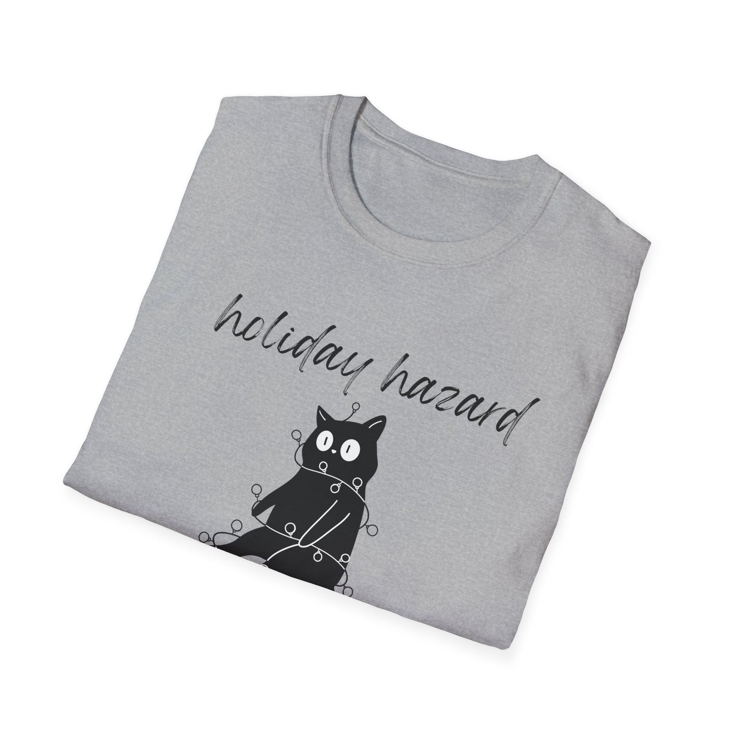 Holiday Hazard Black Cat Christmas T-Shirt | Funny Feline Lights Graphic Tee