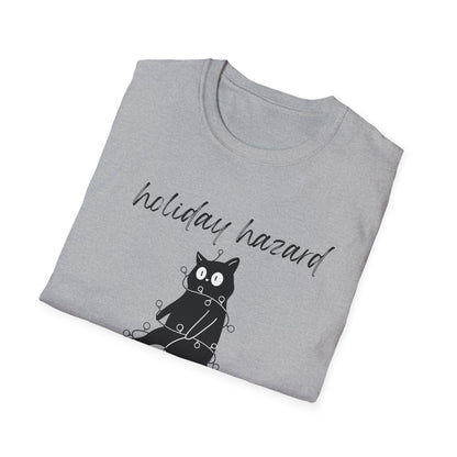 Holiday Hazard Black Cat Christmas T-Shirt | Funny Feline Lights Graphic Tee
