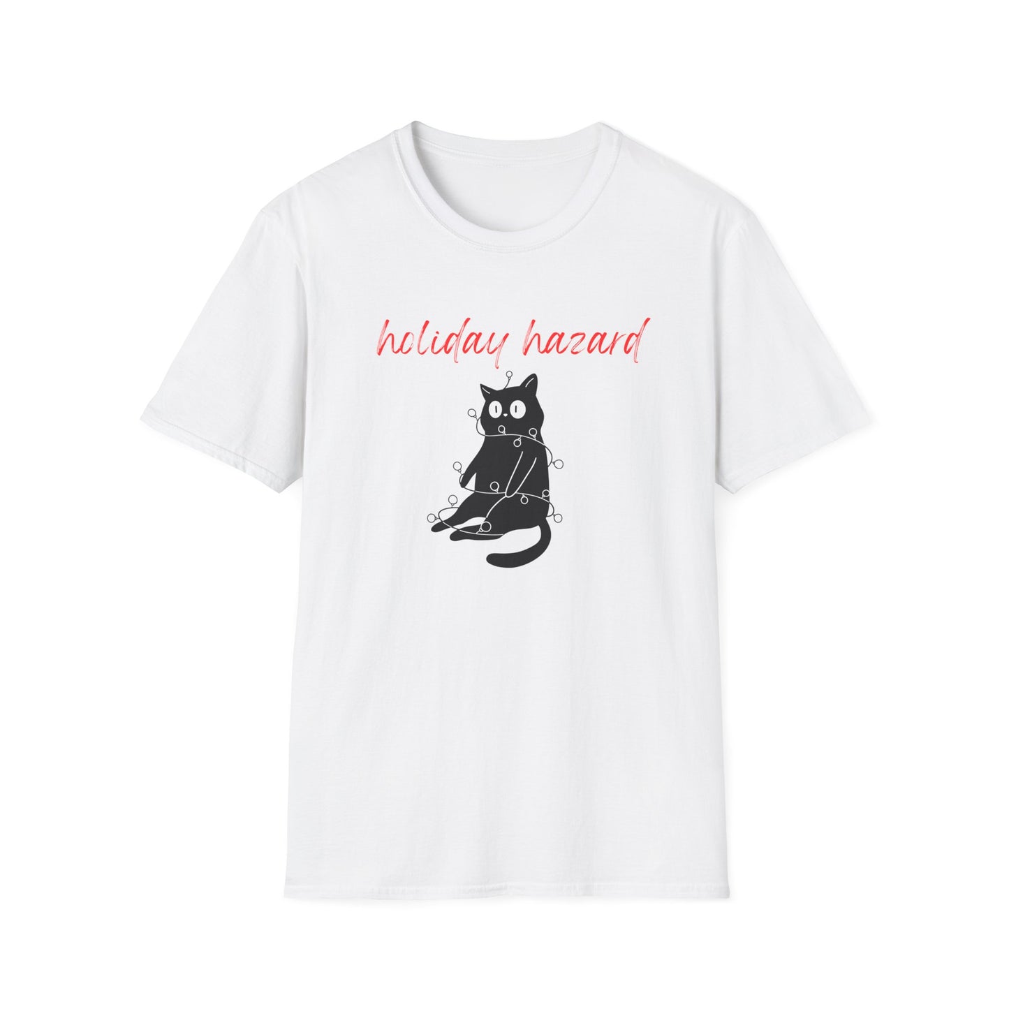 Holiday Hazard Black Cat Christmas T-Shirt | Funny Feline Lights Graphic Tee