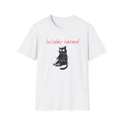 Holiday Hazard Black Cat Christmas T-Shirt | Funny Feline Lights Graphic Tee