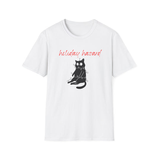 Holiday Hazard Black Cat Christmas T-Shirt | Funny Feline Lights Graphic Tee